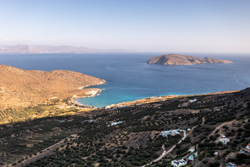 panoramic view of the Greek landscape with mountains and sea of Crete island filmed from a drone