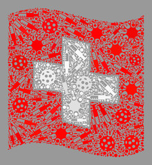 Mosaic waving Swiss flag constructed with viral and syringe items. Vector vaccine mosaic waving Swiss flag combined for safety purposes.