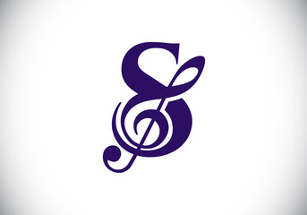 Initial S monogram alphabet with a musical note. Symphony or melody signs. Musical sign symbol. Font emblem. Modern vector logo design template.