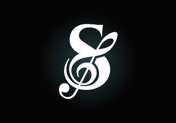 Initial S monogram alphabet with a musical note. Symphony or melody signs. Musical sign symbol. Font emblem. Modern vector logo design template.