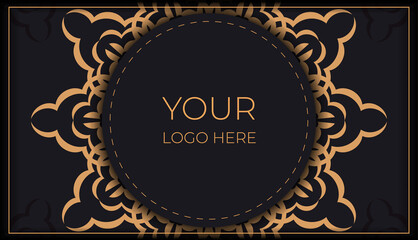 Rectangular vector postcard design in black color with luxury patterns. Invitation card design with space for your text and vintage ornaments.