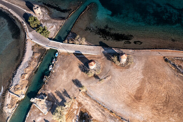 Obraz premium panoramic view of the ancient stone mills in Crete filmed from a drone 