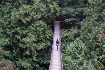 Girl with a small backpack crossing Lynn Canyon suspension bridge. North Vancouver, Canada.