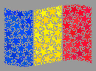 Mosaic waving Romania flag created of star icons. Vector starred mosaic waving Romania flag organized for festival propaganda. Romania flag collage is designed of randomized stars.