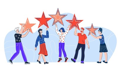 Obraz premium Five stars feedback. Rate of customers satisfaction. Happy clients leave five star rating and positive reviews, flat cartoon vector illustration isolated on white background.