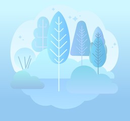 Fototapeta na wymiar Winter forest landscape. Flat style symbolic illustration. Scenery with trees, shrubs and snowdrifts. Rural wildlife. Countryside view with frost. Beautiful art picture. Vector