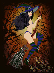 Happy halloween background with beautiful sexy witch, vector illustration