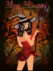 Happy halloween banner with beautiful witch in red drerss, vector illustration