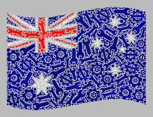 Mosaic waving Australia flag designed with technology icons. Vector gear, wrench mosaic waving Australia flag organized for development propaganda.