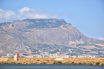 Obraz premium Mount Erice seen from the Saline of Trapani, Sicily, Italy