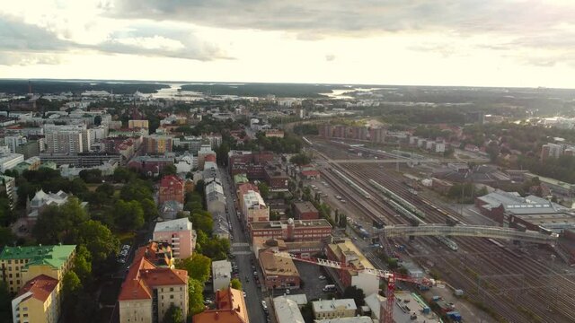 Sunset aerial view of the cityscape of Turku in Finland.