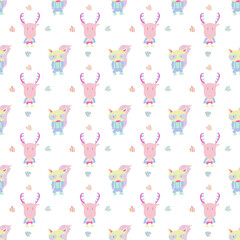 Childish Seamless pattern of cute colorful skunk and deer cartoon  on white background.Vector isolate flat design for Creative kids texture for fabric, wrapping, textile, wallpaper, apparel,t-shirt 