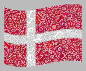 Mosaic waving Denmark flag constructed of service items. Vector cog wheel, spanner collage waving Denmark flag done for development projects.