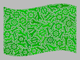 Mosaic waving green flag designed with cog icons. Vector cog wheel, wrench mosaic waving green flag created for production wallpapers. Green flag collage is designed of randomized equipment items.
