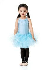 Portrait isolated studio shot of little cute preschool pigtails hairstyle ballerina dancer girl in blue tutu ballet dress black legging and shoes costume standing smiling posing on white background