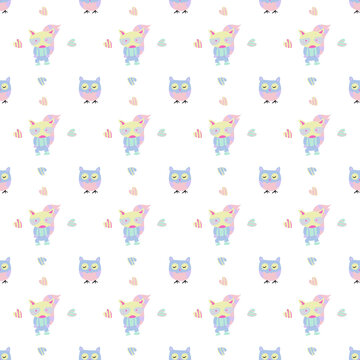 Childish Seamless pattern of cute colorful skunk and owl cartoon  on white background.Vector isolate flat design for Creative kids texture for fabric, wrapping, textile, wallpaper, apparel,t-shirt 