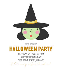  Illustration in a vector, on a white background. An invitation to a party in a cartoon style with green witch. Perfect for party invitation, greeting card, flyer, banner, poster.