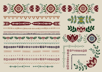 レトロポップ　線のベクター素材セット　花柄　チロリアンテープ　チューリップ　北欧　欧風