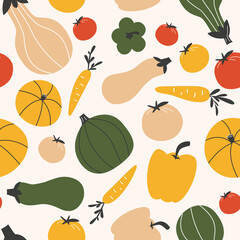 Seamless Pattern.Colorful Vegetables White Background. Vector Illustration