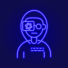 Cyberpunk human with camera eye outline icon. Bio-robot gadgets. Blue neon linear purple contour symbol