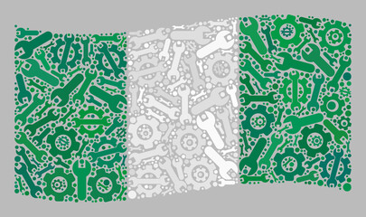 Mosaic waving Nigeria flag designed with mechanical items. Vector cog wheel, spanner mosaic waving Nigeria flag done for mechanical illustrations.