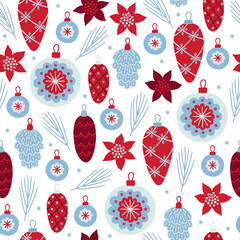 Christmas seamless pattern with flowers, ball, cones, snow, fir branch