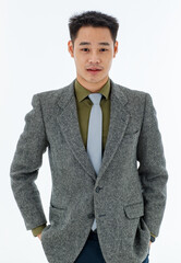 Male short black hair, dark eyebrows, Chinese eyes, wearing olive green shirt, gray tie, dark gray...
