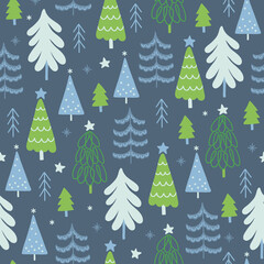 Christmas seamless pattern with stars, fir trees, snowflakes. Scandinavian style