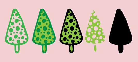 Vector set of a green Christmas tree with a texture of dots. A set of hand-drawn Christmas tree, triangular shape, isolated contour and silhouette in black color of the Christmas and New Year template