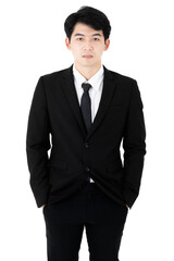 Asian business working handsome man wearing formal suit with necktie, pose with confidence, showing professional leadership, standing on isolated white background cutout.