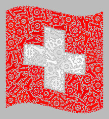 Mosaic waving Swiss flag designed of spanner items. Vector cog, wrench mosaic waving Swiss flag designed for industrial illustrations. Swiss flag collage is made from random wrench icons.