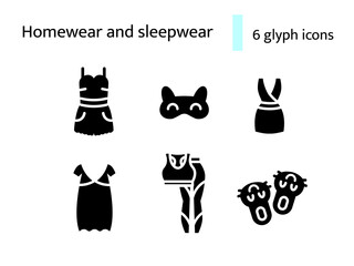 Comfy homewear and sleepwear glyph icons set. Bathrobe, dress. Black symbols collection. Isolated vector illustration