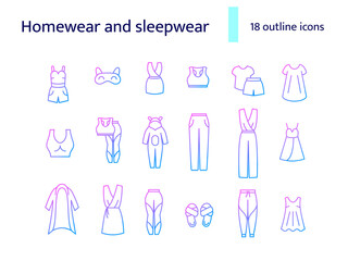 Comfy home clothes outline icons set. Homewear and sleepwear. Isolated vector stock illustration