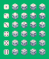 Vintage style illustration of 24 combinations of dice isolated on green background.