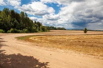 Fototapeta na wymiar A dirt road turns into a field.