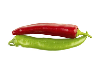 Two long hot peppers, green and red. Isolated peppers on a white background.
