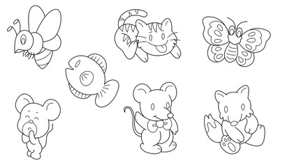Obraz premium Cute design animal outline vector set 27 (fish rat cat fox butterfly )