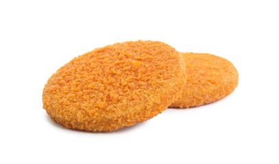 Uncooked breaded cutlets on white background. Freshly frozen semi-finished product
