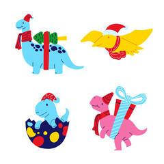 Christmas Dinosaur flat design Set. illustration vector.