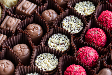 Close-up assortment of chocolates.