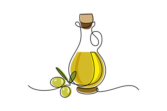 Olive oil in continuous line art drawing style. Glass bottle jug and olive tree branch with fruits and leaves isolated on white background. Vector illustration