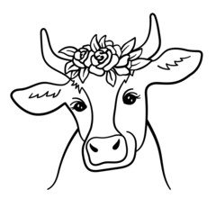 Portrait of cow with flowers on head. Black and white illustration in outline style. Vector Cute cow Face Isolated on white background