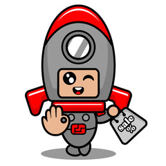 Obraz na płótnie Canvas vector cartoon cute space rocket mascot costume character holding selling bag