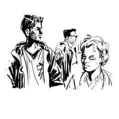 Group of people isolated on white background. Ink sketch of scene from everyday life. Man, woman and  teenager in casual and formal clothes. Police officer or security guard. 