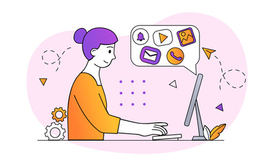 Online media and social networks. Woman sitting at computer and looking at information on Internet. Chat with friend, notification and call. Cartoon doodle flat vector illustration on white background