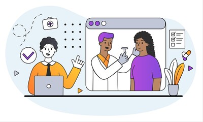 Online healthcare and medical consultation. Chat with therapist. Man sitting at laptop and watching doctor diagnose disease. Cartoon doodle flat vector illustration isolated on white background