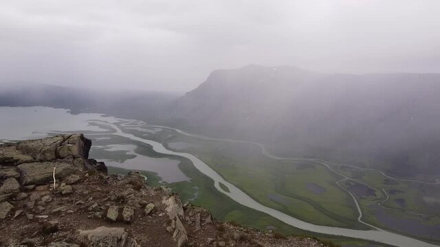 The drone  view from the top of Skierfe Mountain down to Rapadalen valley in Sarek National Park, Lapland, Sweden