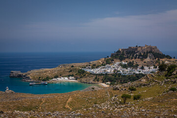 Naklejka na ściany i meble ギリシャ　ロードス島にあるリンドスのアクロポリスと街並みとエーゲ海