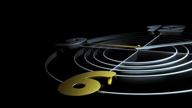 Stylish wall clock made of silver metal with golden elements in the dark. Low angle 3d animation timelapse