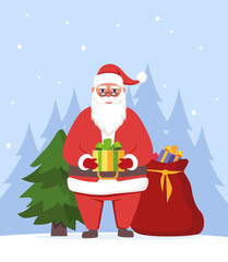 Cute Santa Claus character with gift in his hands. Santa smiling and show huge gift box. Merry Christmas and Happy New Year. Christmas card vector illustration.